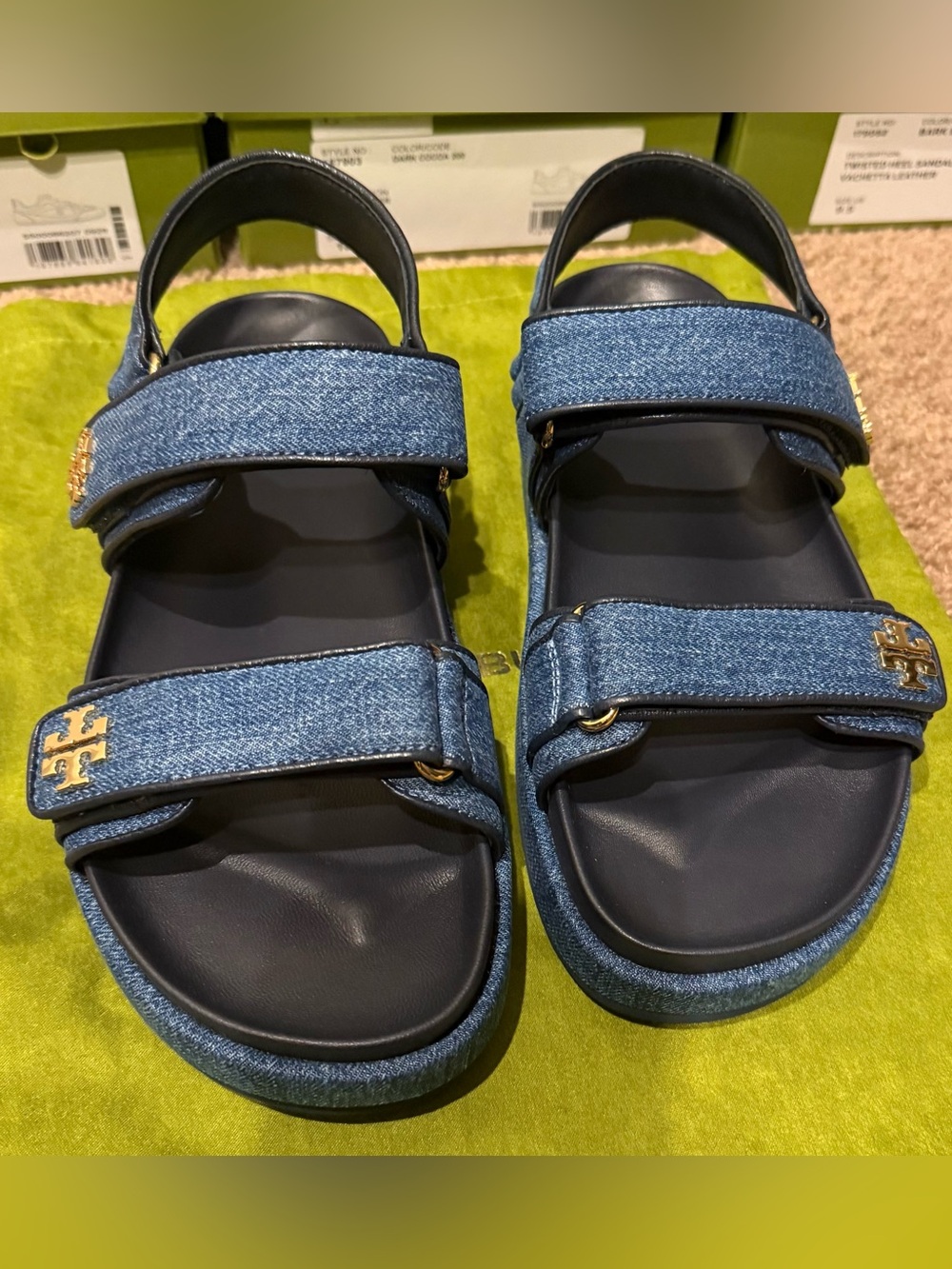 Tory Burch Kids Denim Blue Platform Sandals with Gold Logo - Picture 3 of 6